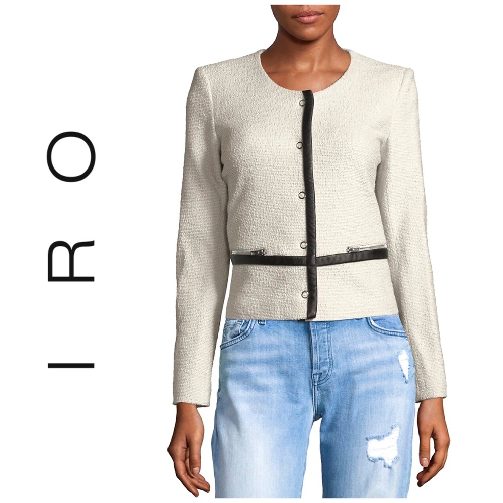 IRO Tweed Boucle Jacket in Natural with Leather Trim FR 38 US 6